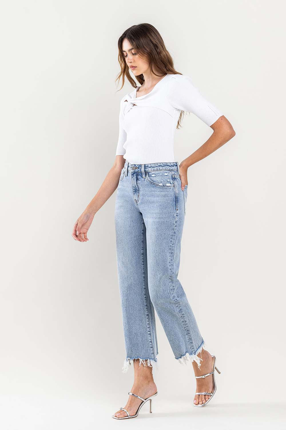 Casual High Rise Distressed Hem Cropped Jeans