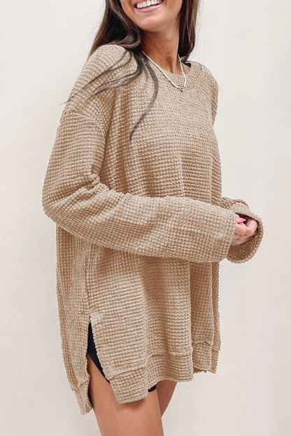 Waffle Knit Top - Oversized, Drop Sleeve, Side Slits