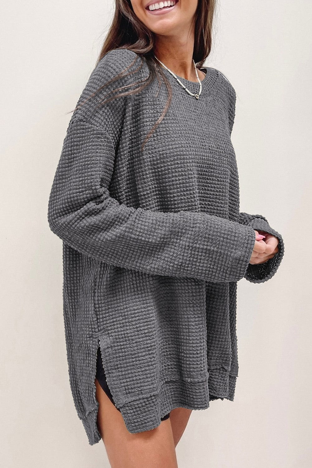 Waffle Knit Top - Oversized, Drop Sleeve, Side Slits