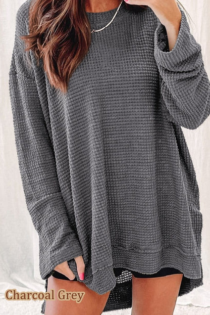 Waffle Knit Top - Oversized, Drop Sleeve, Side Slits