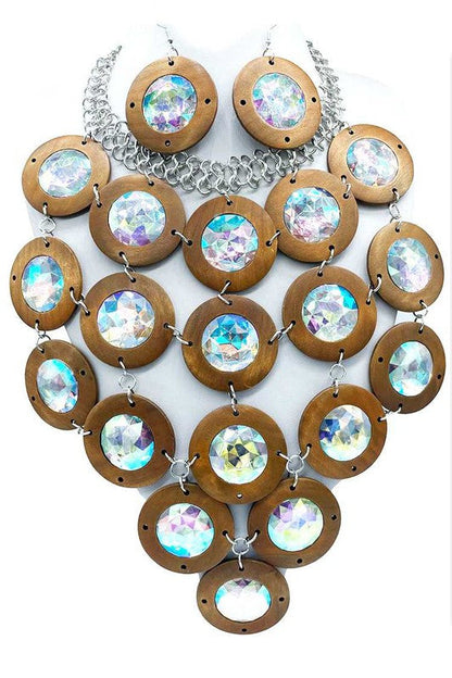 Crystal Wood Disk Statement Bib Necklace Set