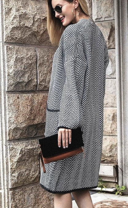 Frenchy Herringbone Pattern Open Front Cardigan