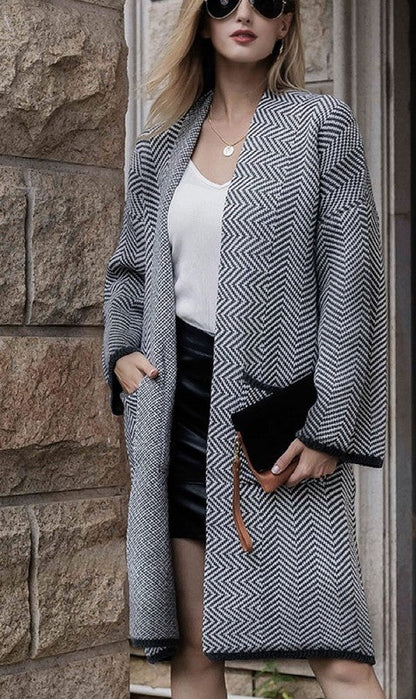 Frenchy Herringbone Pattern Open Front Cardigan