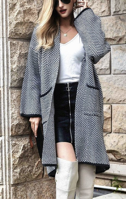 Frenchy Herringbone Pattern Open Front Cardigan