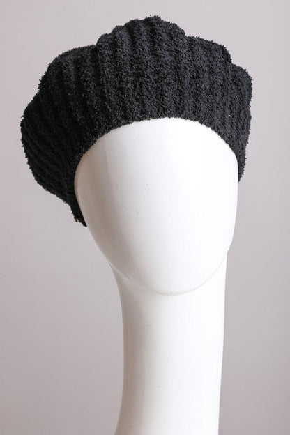 Boucle Rib Knit Beret in Black