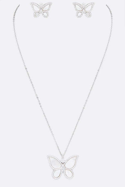 MOP Cubic Zirconia Butterfly Pendant Necklace Set