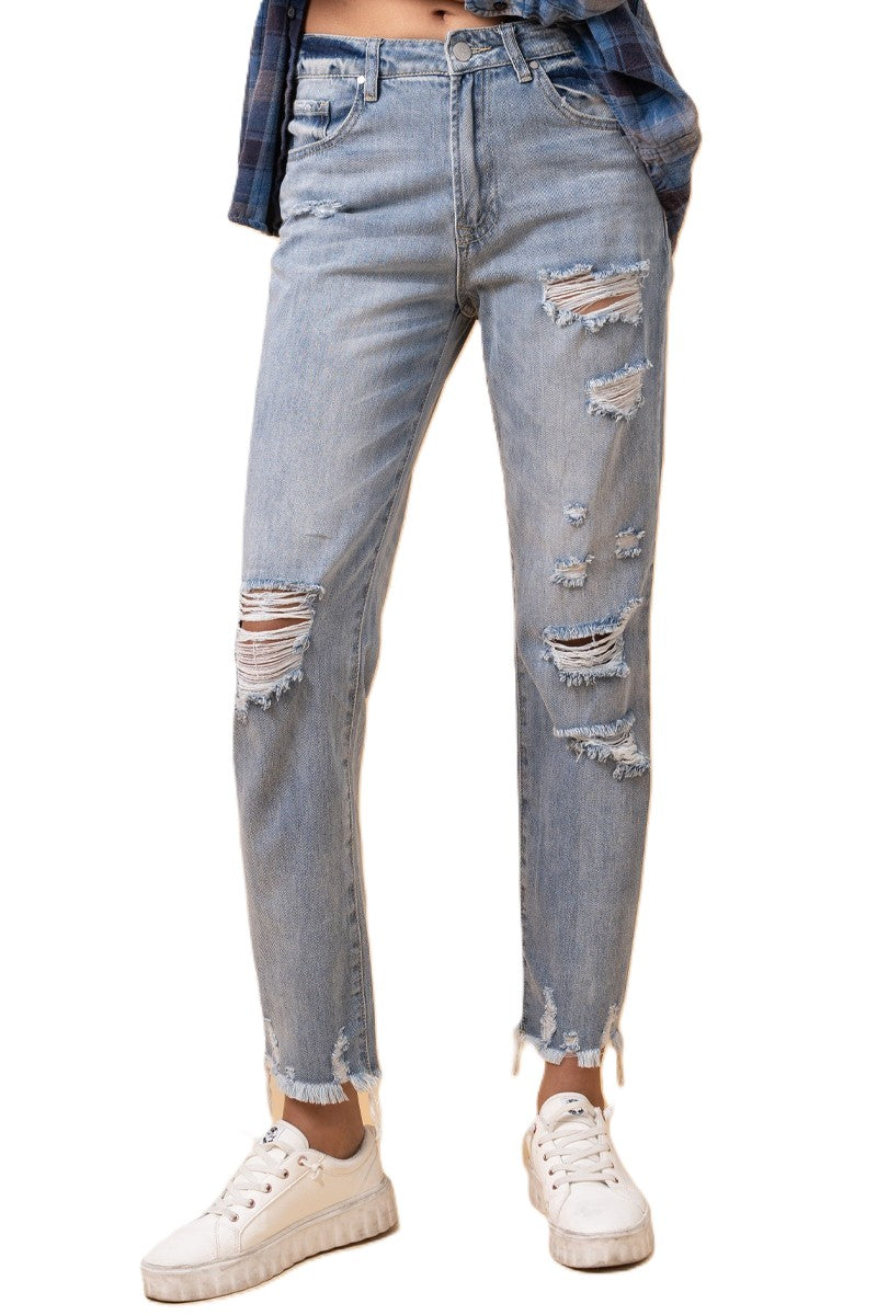 Fray Distressed Girlfriend Jeans