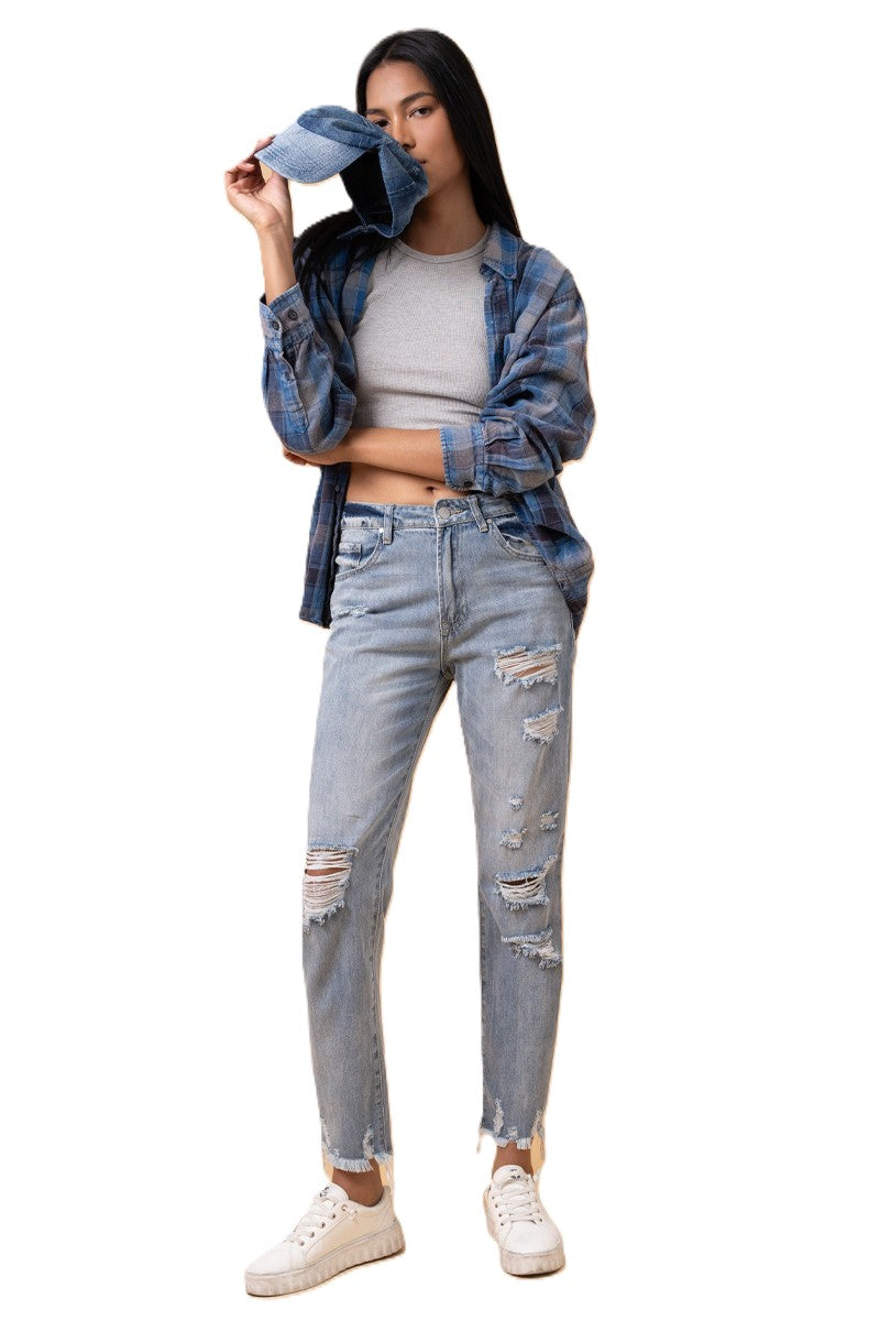 Fray Distressed Girlfriend Jeans