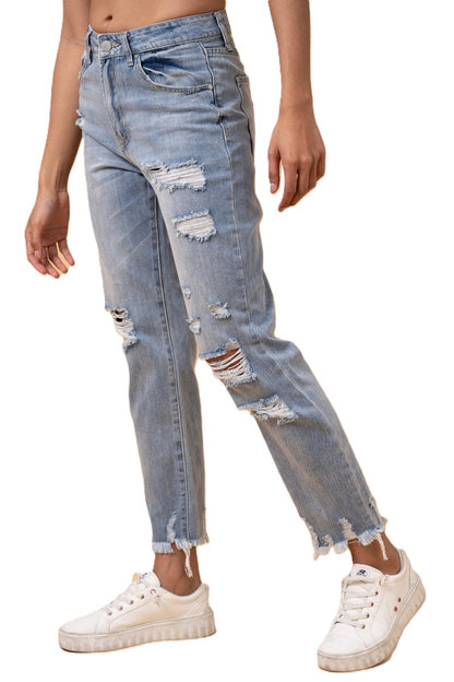 Fray Distressed Girlfriend Jeans