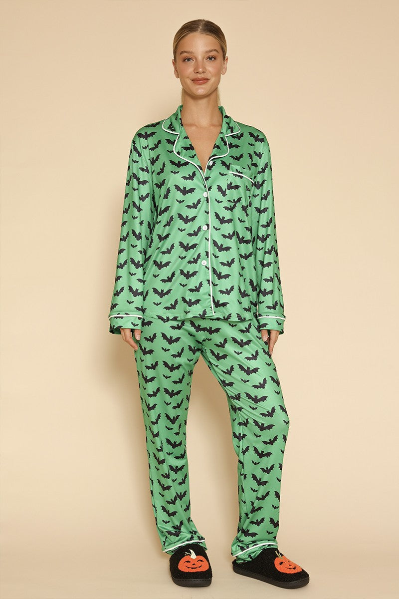 Halloween Two Piece Pajama Set Green Bat Themed