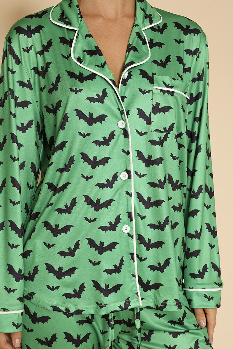 Halloween Two Piece Pajama Set Green Bat Themed