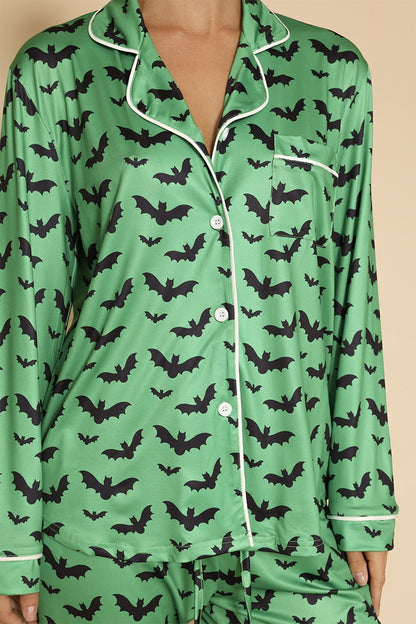 Halloween Two Piece Pajama Set Green Bat Themed