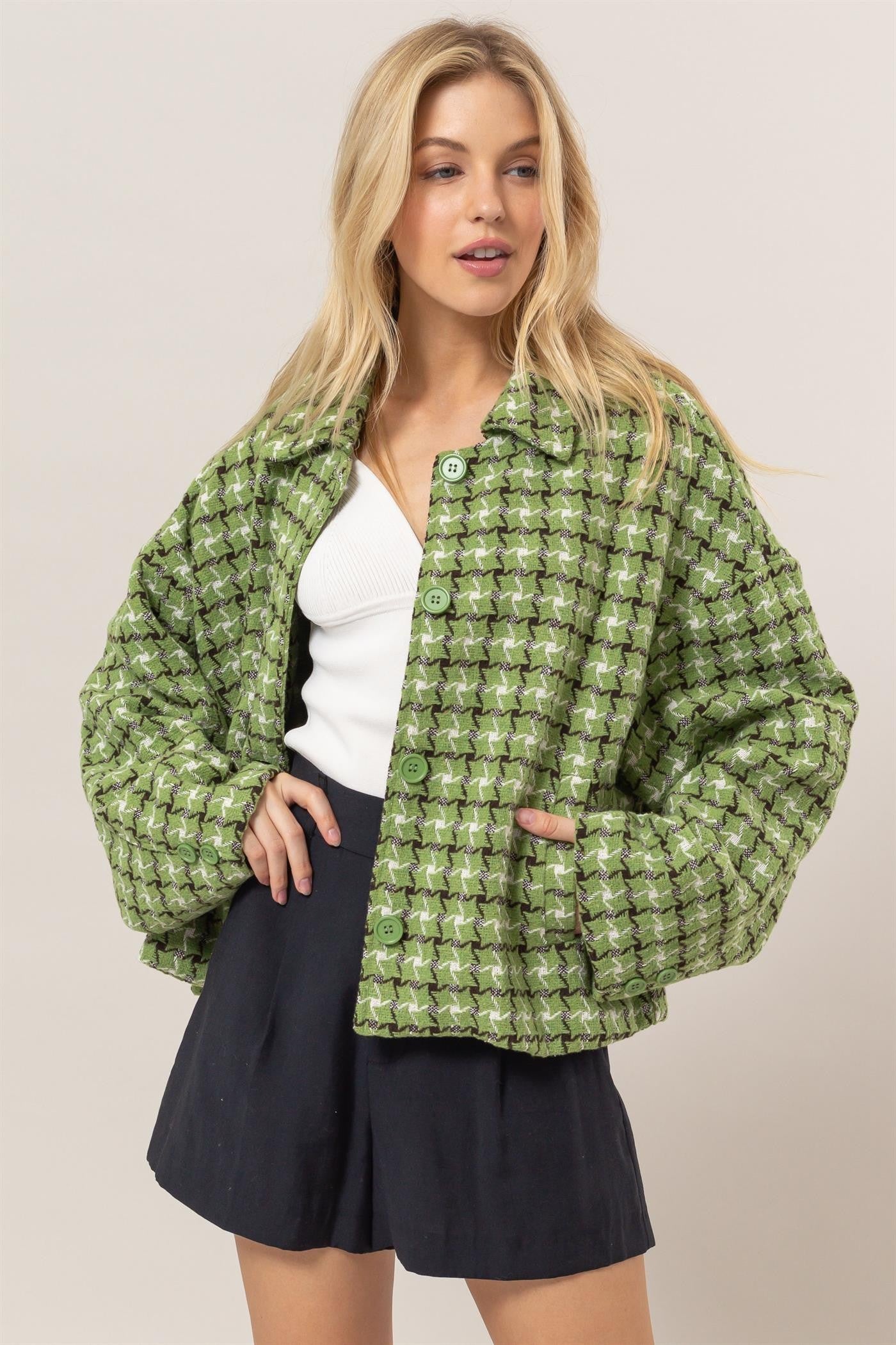 Green Tweed Plaid Button Up Collared Neck Jacket