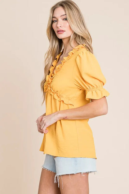 Lime 'N' Chili Solid Ruffled Deep V-Neck Puff Sleeve Babydoll Top in Mango