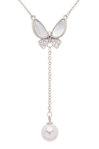 MOP Butterfly Pearl Drop Pendant Necklace
