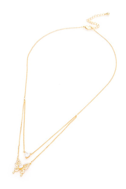 CZ Heart And Butterfly Layer Pendant Necklace