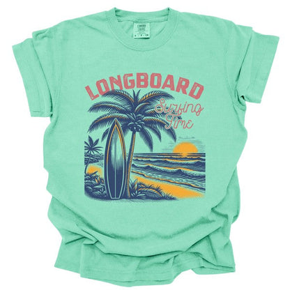 Plus Longboard Summer Palm Tree Surf Sunset Tee