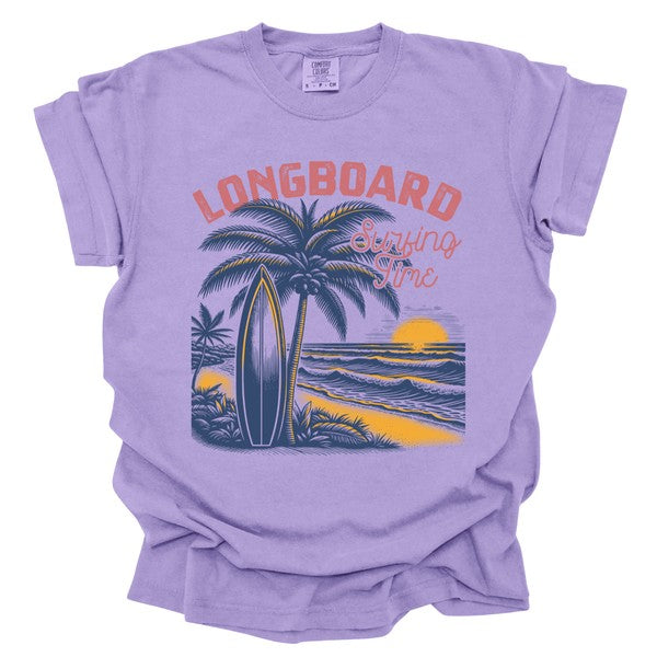 Plus Longboard Summer Palm Tree Surf Sunset Tee