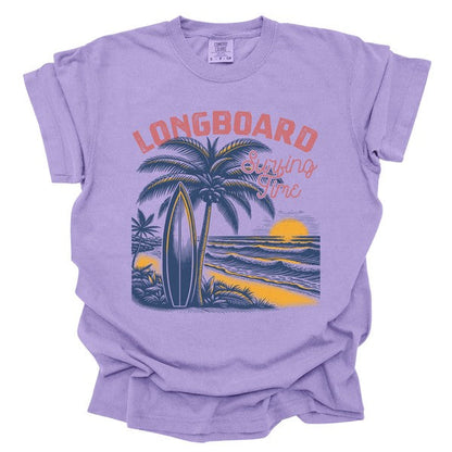 Plus Longboard Summer Palm Tree Surf Sunset Tee