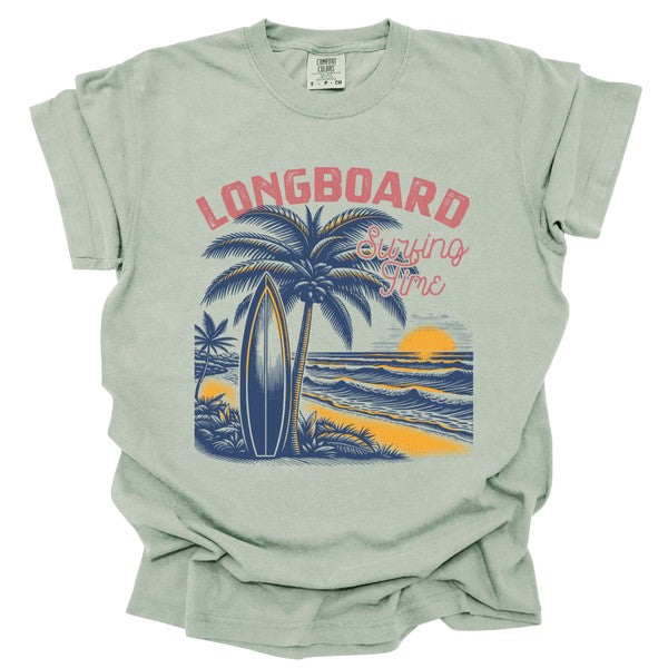 Plus Longboard Summer Palm Tree Surf Sunset Tee