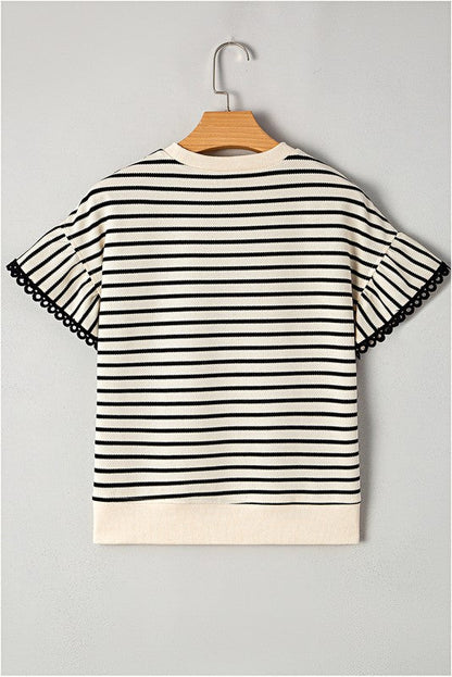 Cotton Stripe Scallop Lace Ruffle Sleeves Top