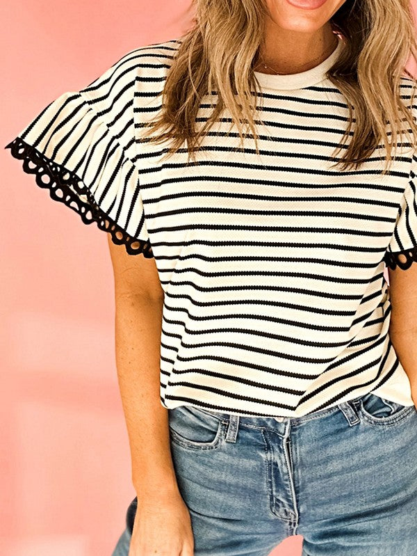 Cotton Stripe Scallop Lace Ruffle Sleeves Top