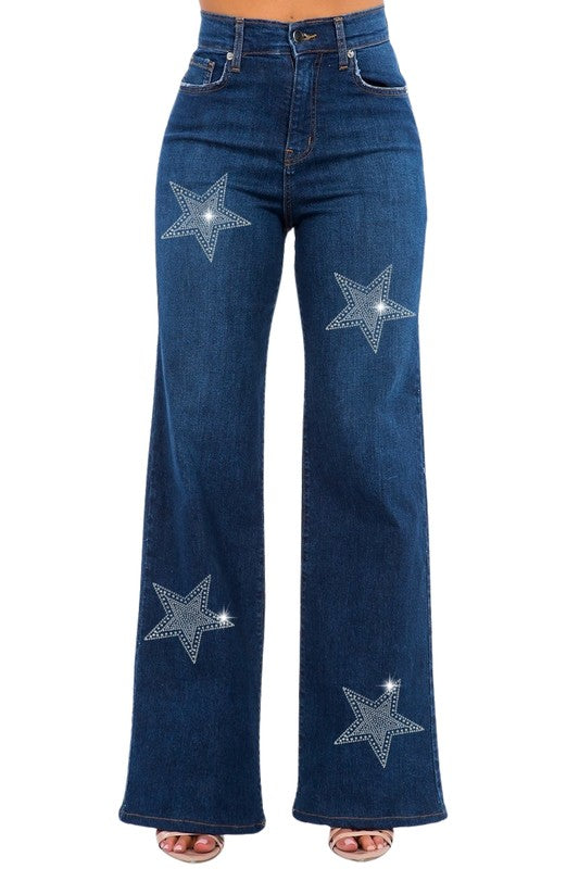 GJG Denim Made in USA Rhinestone Star Wide Leg Jeans