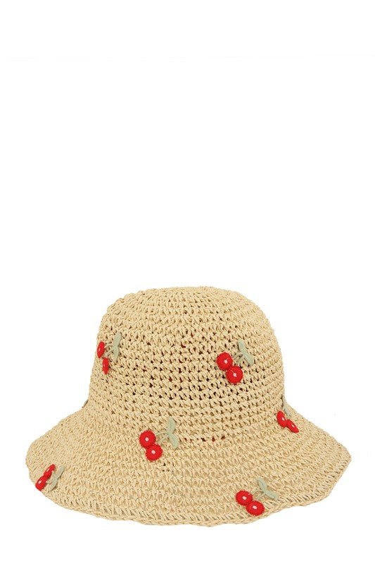 Cherry Patched Straw Bucket Hat