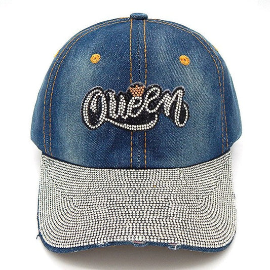 QUEEN Bling Rhinestone Patch Baseball Cap Denim