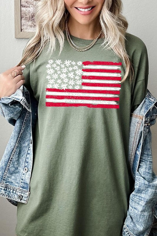 Floral American Flag Graphic Heavy Cotton Tee