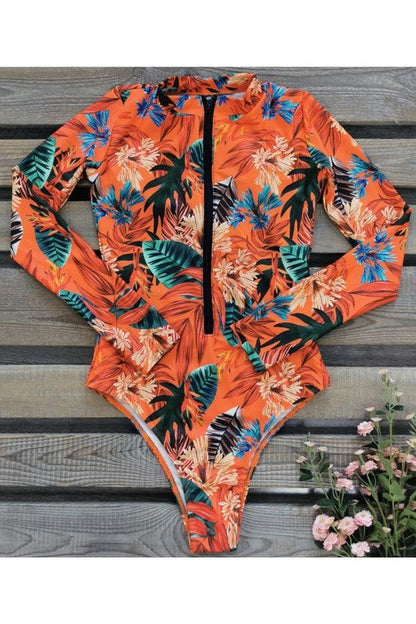 Leaf Floral Print Front Zip Long Sleeve Rash Guard