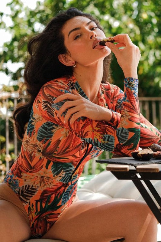 Leaf Floral Print Front Zip Long Sleeve Rash Guard