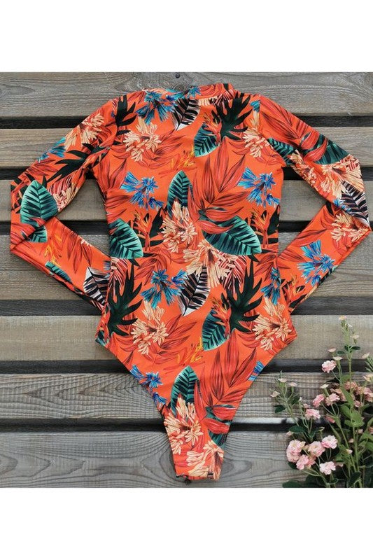 Leaf Floral Print Front Zip Long Sleeve Rash Guard