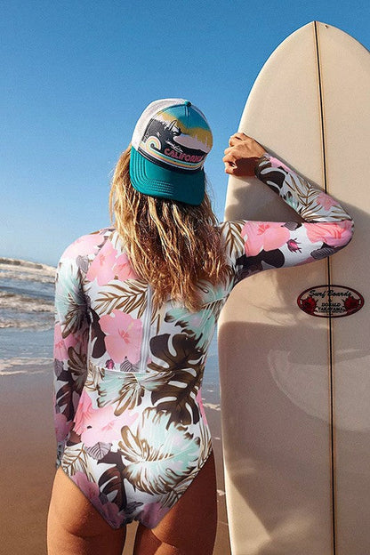 Pink Floral Cut Out Long Sleeve UPF 50 Rash Guard