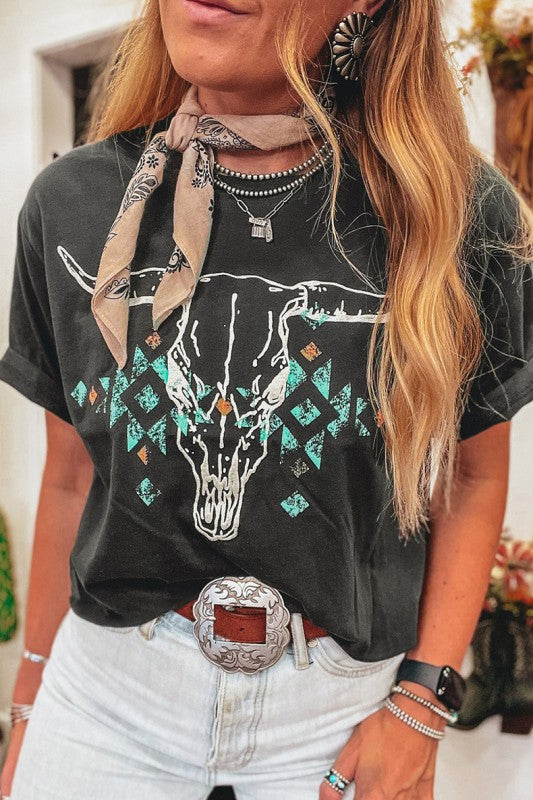 Bull Head Skull Turquoise Aztec Graphic T Shirt