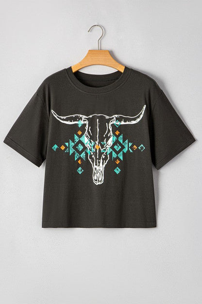 Bull Head Skull Turquoise Aztec Graphic T Shirt