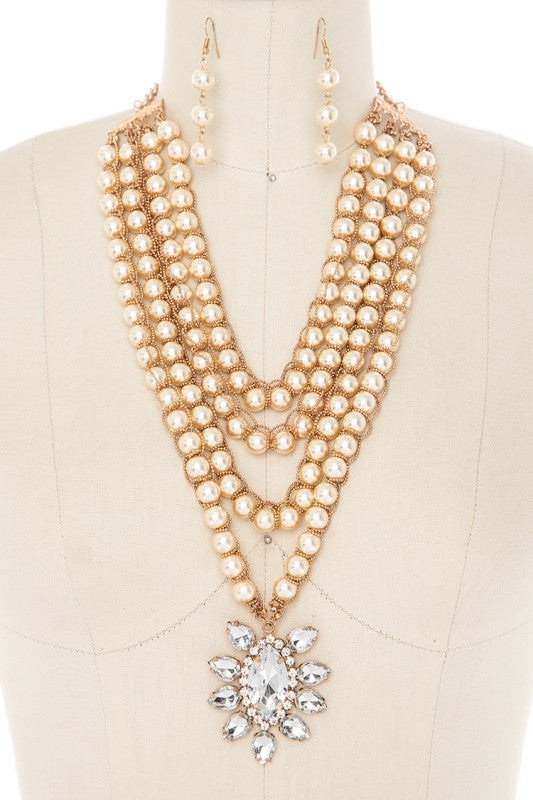 Chained Pearl Crystal Flower Statement Necklace