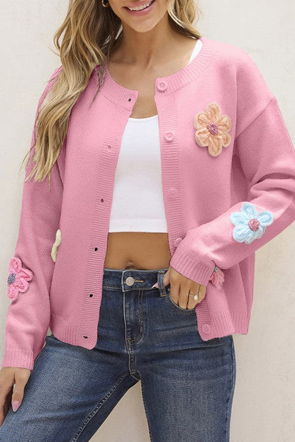 Cute Knitted Floral Pattern Button Up Cardigan