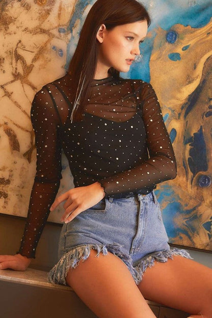 Black Rhinestone Sheer Mesh Slim Long Sleeve Top