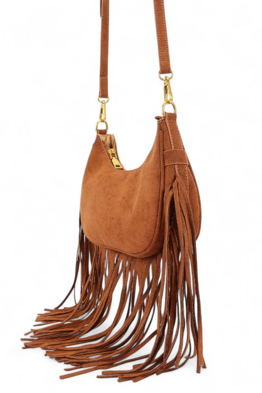 Faux Suede Fringe Boho Crossbody Bag