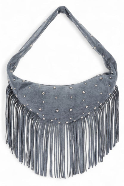 Faux Suede Fringe Boho Studded Hobo Bag