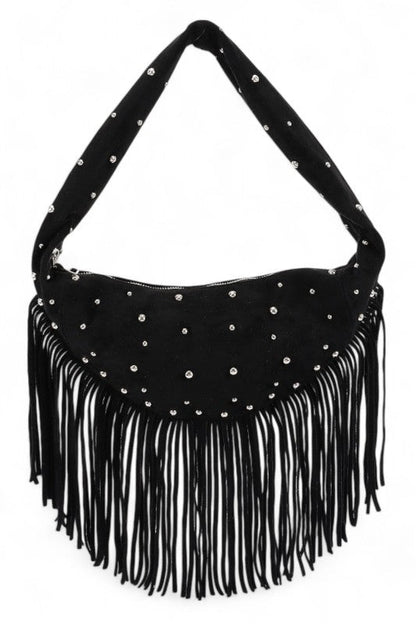 Faux Suede Fringe Boho Studded Hobo Bag