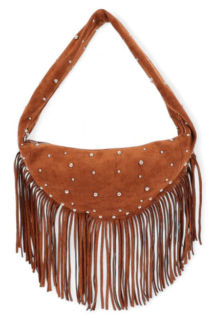 Faux Suede Fringe Boho Studded Hobo Bag