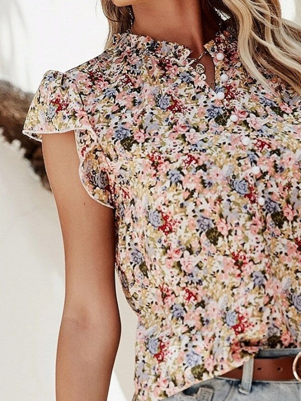 Red Boho Floral Frilled Button Neck Ruffle Blouse
