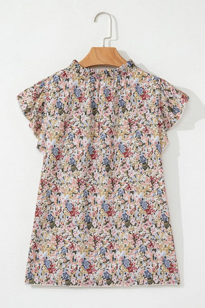 Red Boho Floral Frilled Button Neck Ruffle Blouse