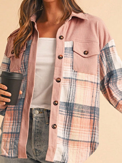 Plaid Corduroy Patch Pocket Loose Shacket Shirt