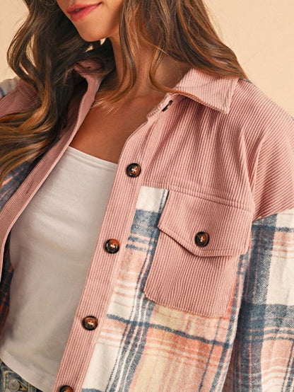 Plaid Corduroy Patch Pocket Loose Shacket Shirt