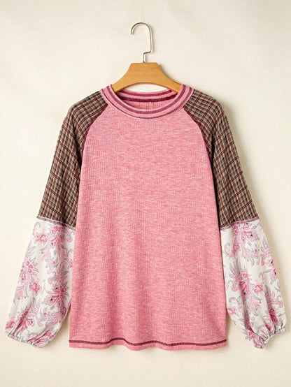 Viscose Plaid Floral Patchwork Raglan Ribbed Top