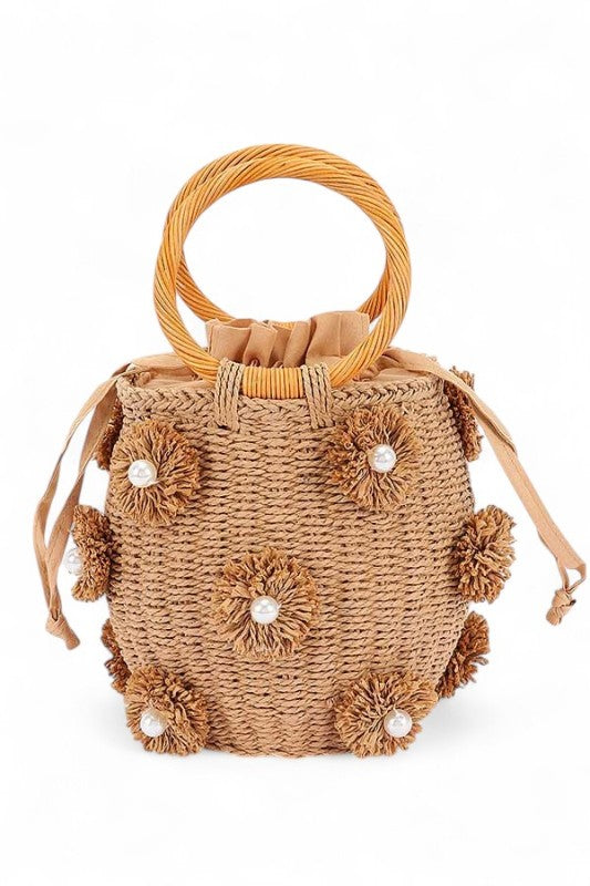 Pearl Raffia Flower Straw Top Handle Bucket Clutch