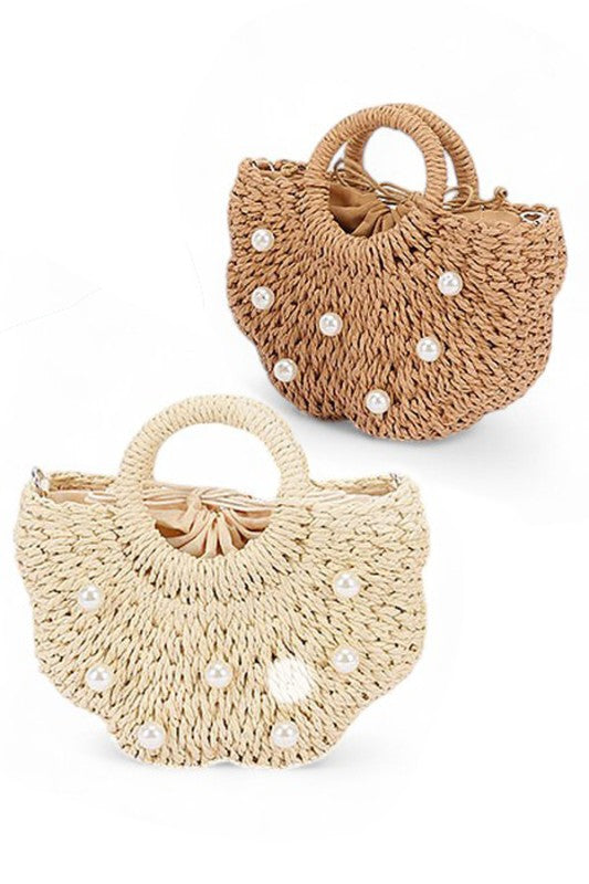 Pearl Raffia Flower Straw Top Handle Bucket Clutch